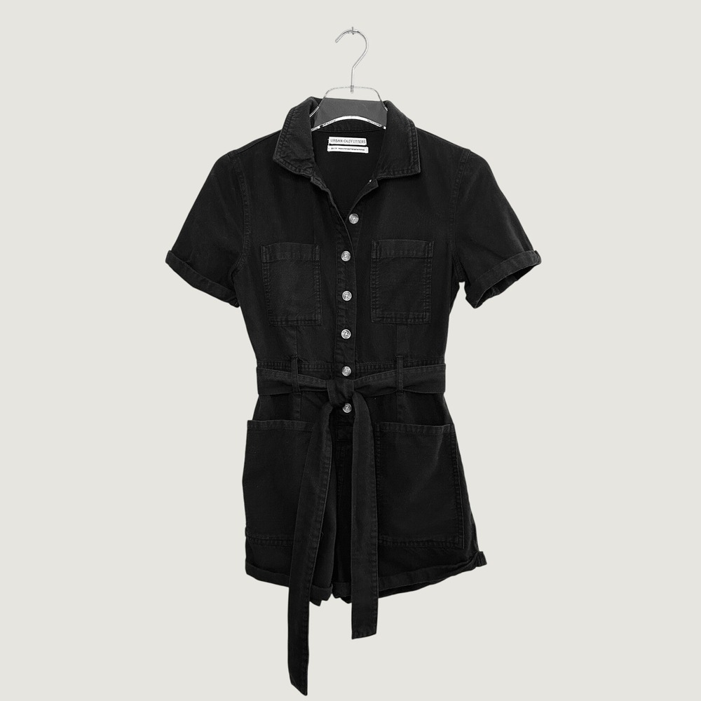 Urban Outfitters Black Denim Short Sleeve Utility Romper Belted Button Front XS